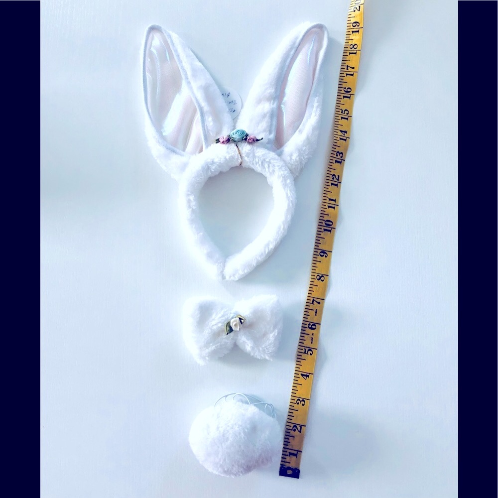 3pc set snowy White Fur Bunny ear headband, i fluffy tail & Bow tie